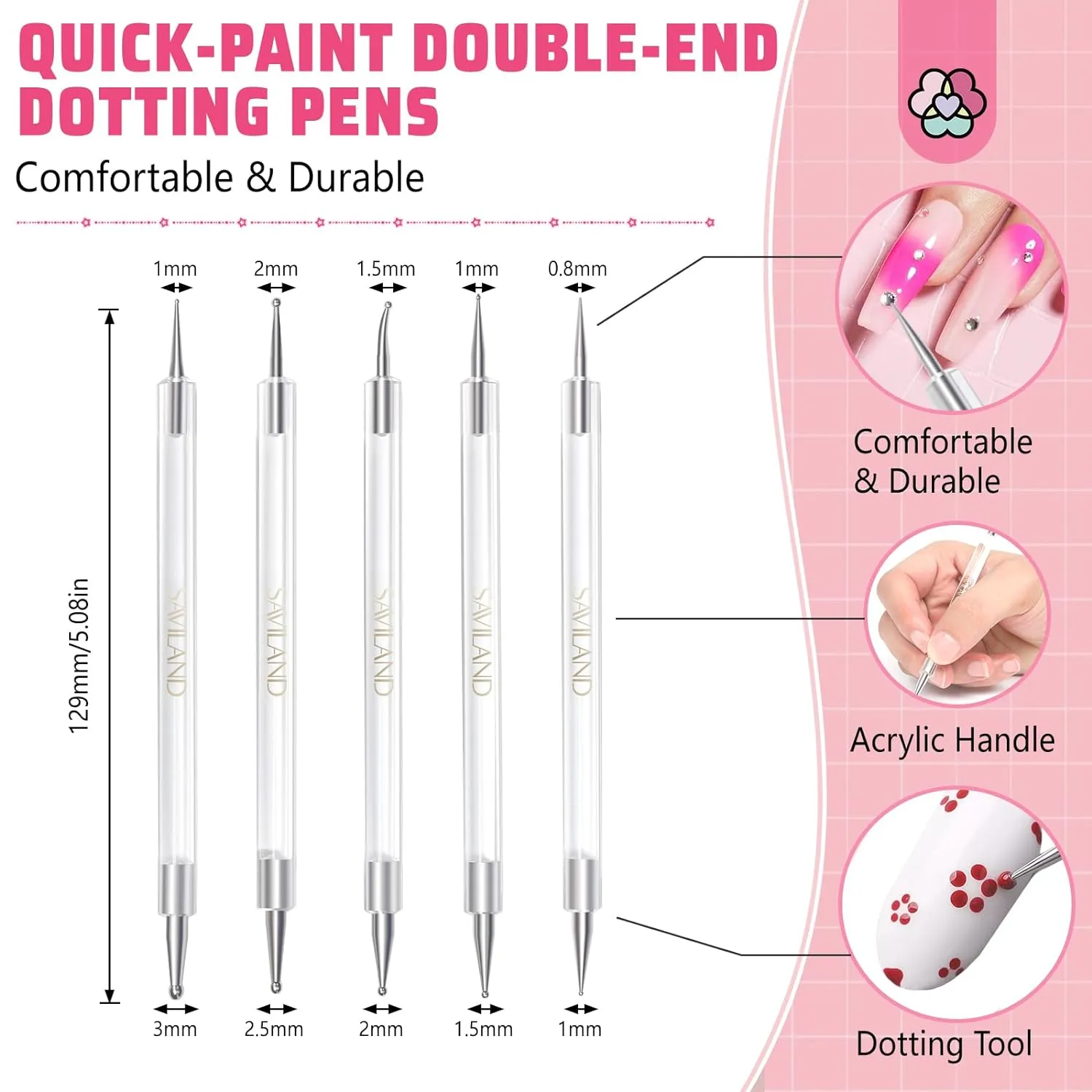 Saviland Dotting Tool Nail Art 5 Pezzi Doppia Punta Precisione