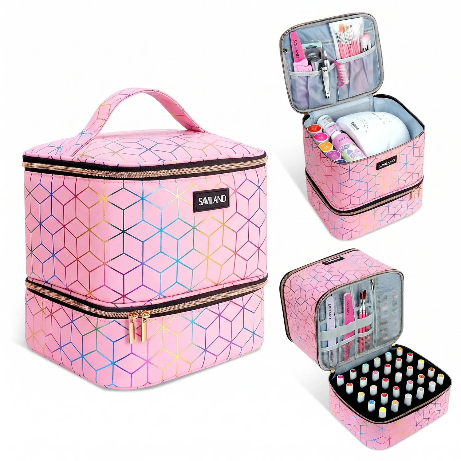 Saviland Organizer Borsa Smalti 30 Flaconi Rosa Olografico Impermeabile