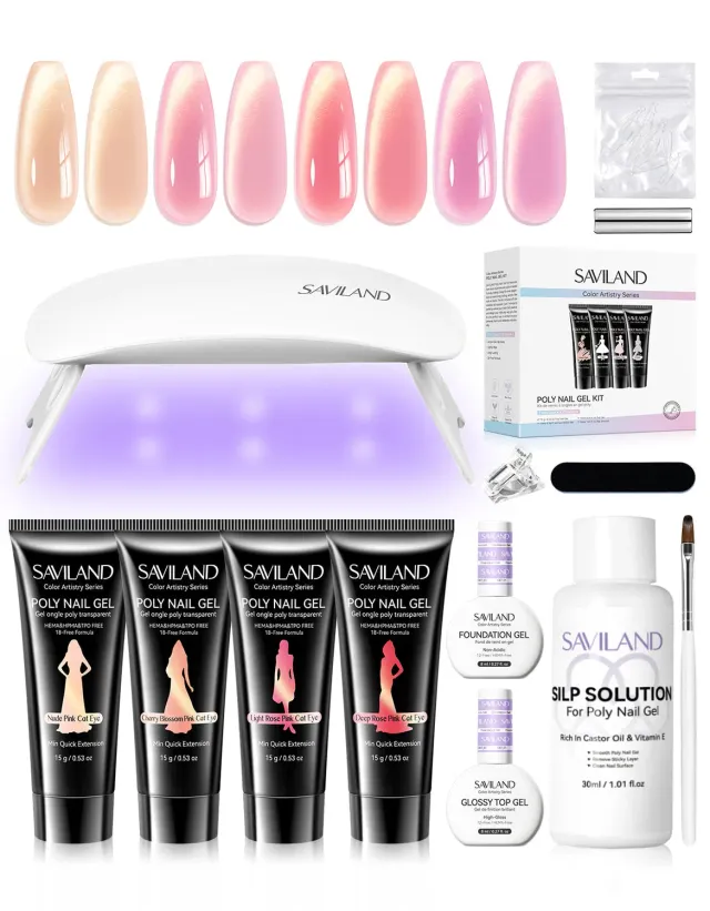 Saviland Cat Eye Kit Polygel Unghie 4 Rosa Nude con Lampada UV