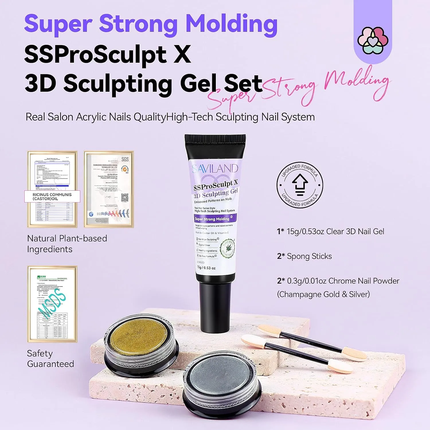 Saviland Kit Gel 3D Unghie Trasparente con Polveri Chrome