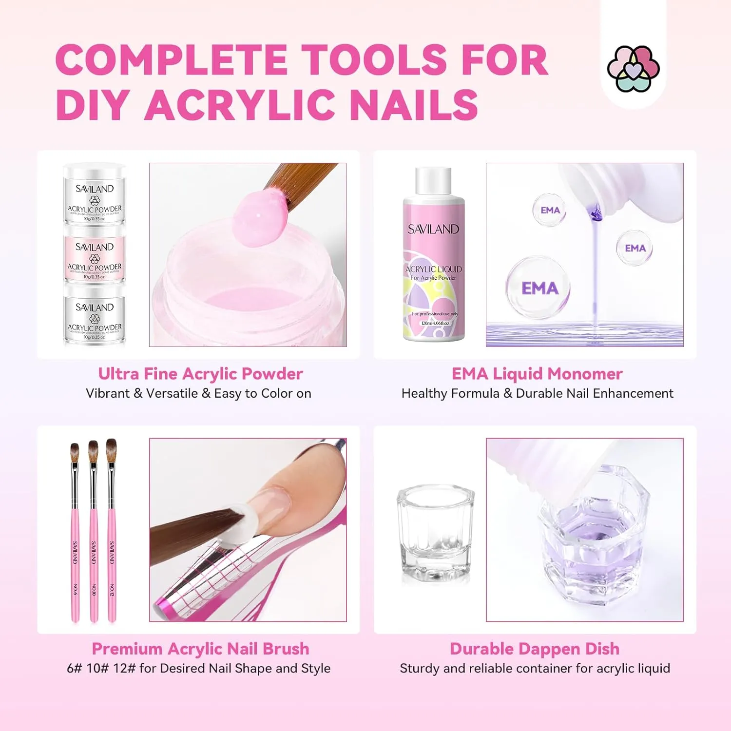 Saviland Complete kit unghie acriliche con lampada e gel