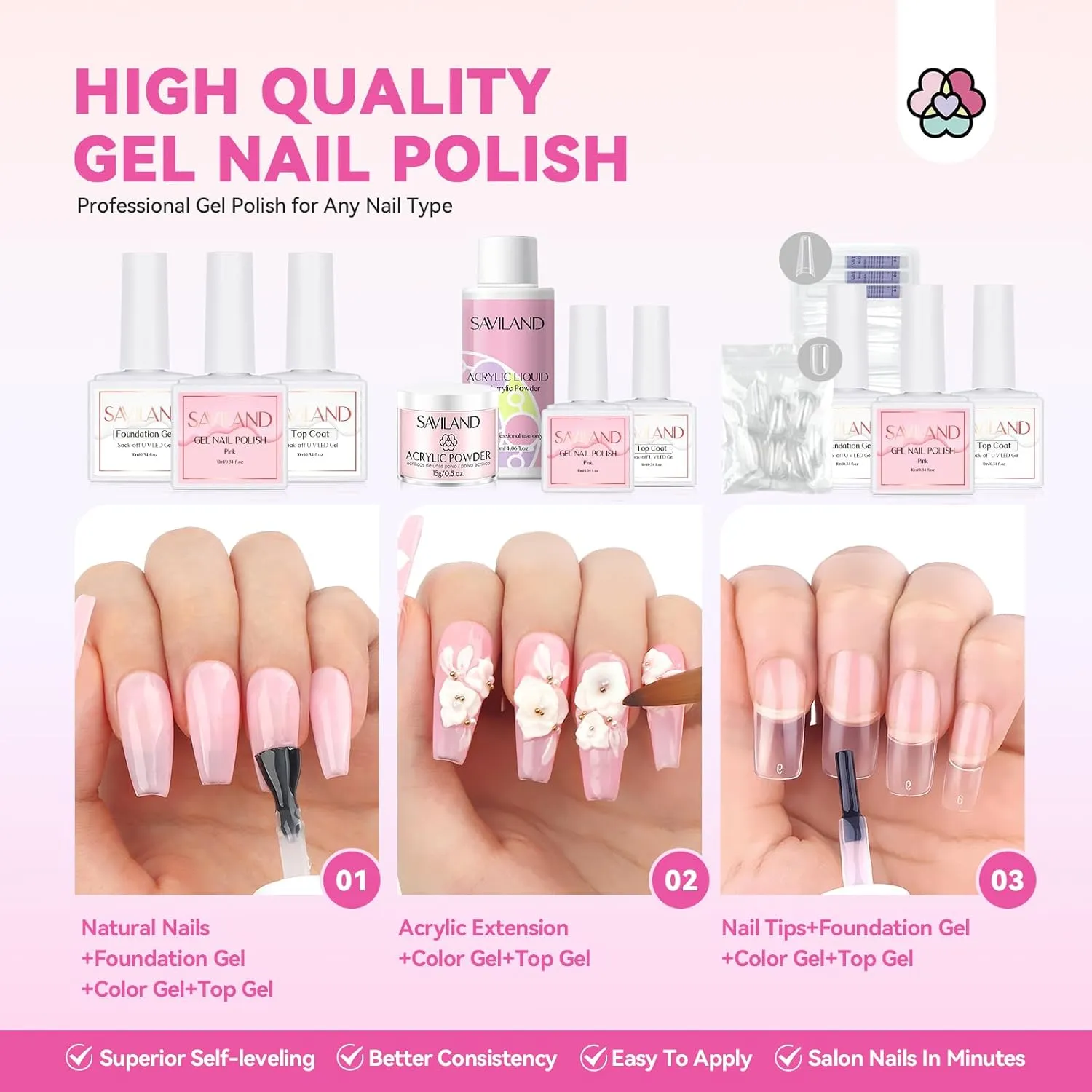 Saviland Complete kit unghie acriliche con lampada e gel