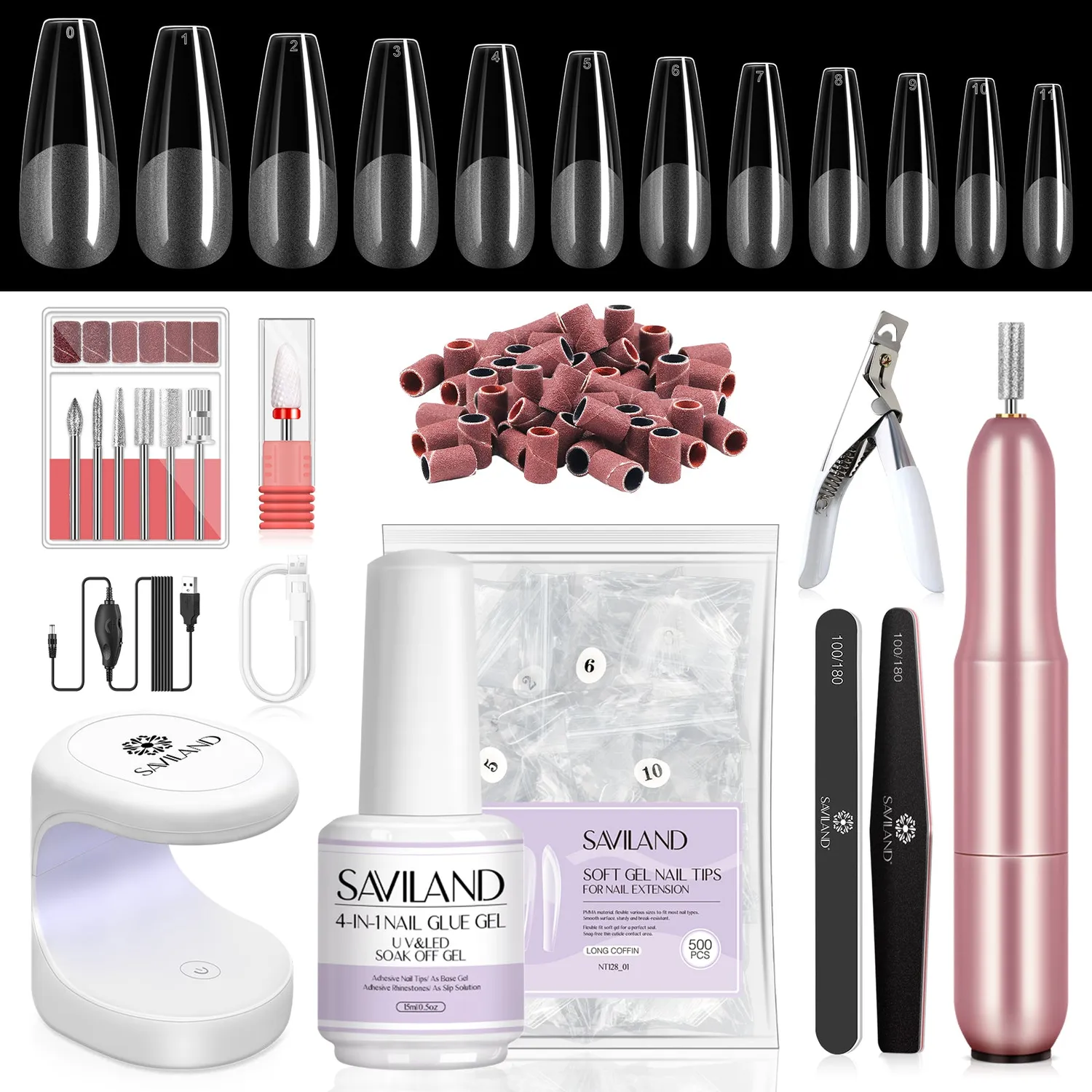 Saviland Kit Gel Unghie con Fresa Lampada e Tip Coffin 500pz