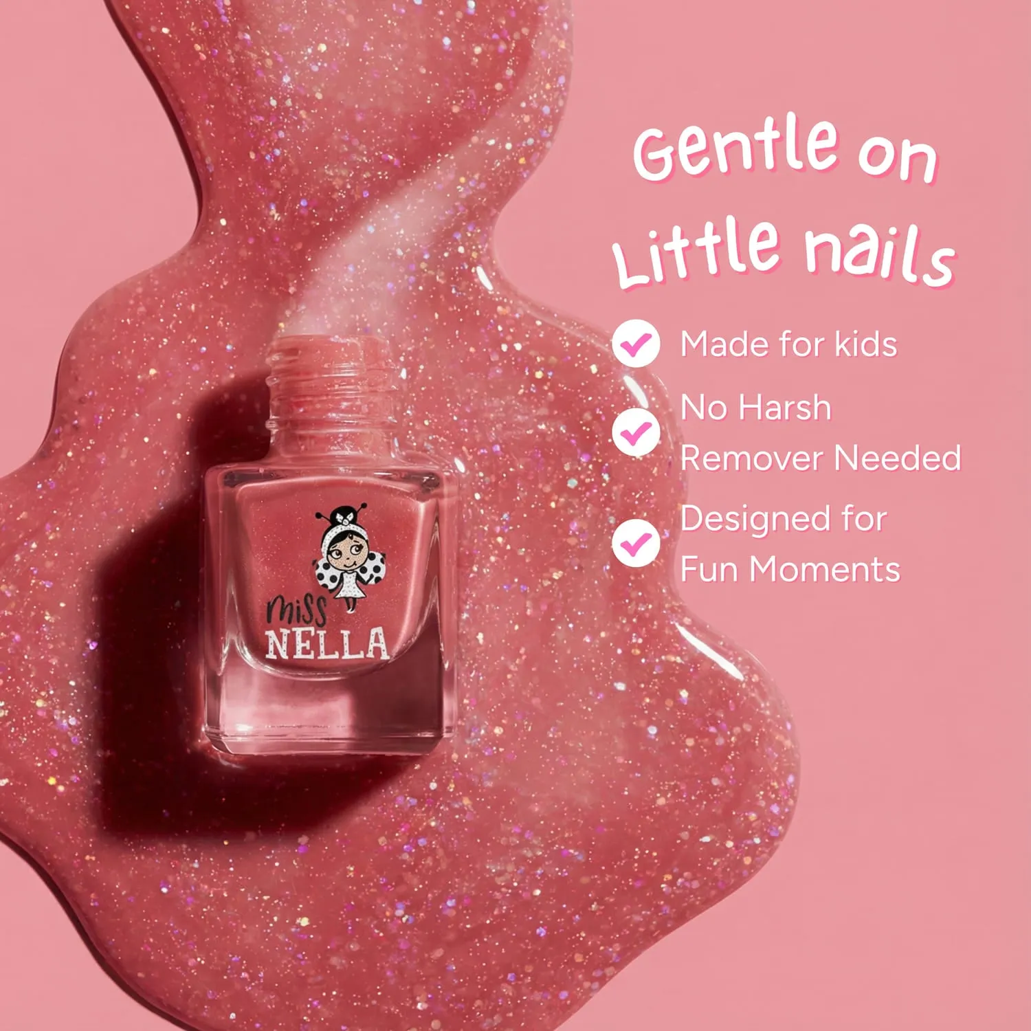 Miss Nella Sugar Hugs smalto rosa glitter peel off