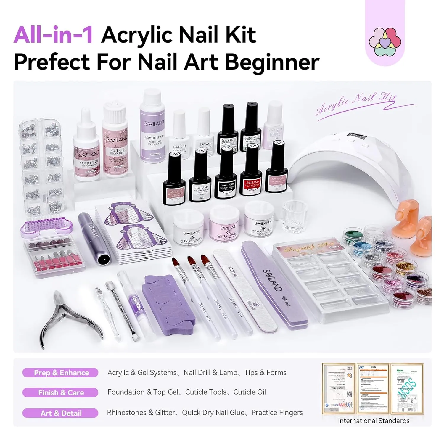 Saviland kit unghie acriliche con lampada fresa 3 polveri
