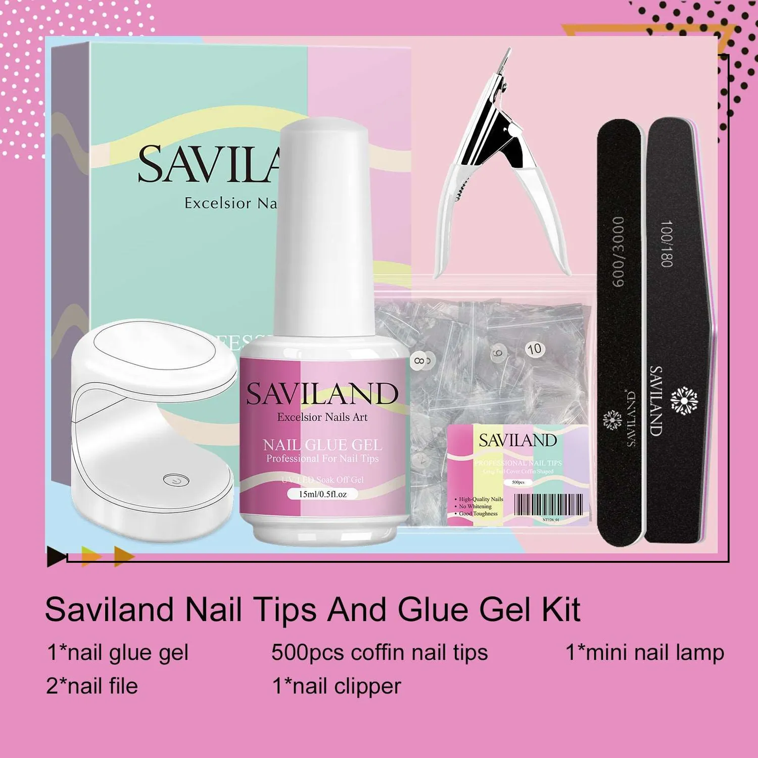 Saviland Gel Kit Unghie con 500 Tip Trasparenti e Lampada