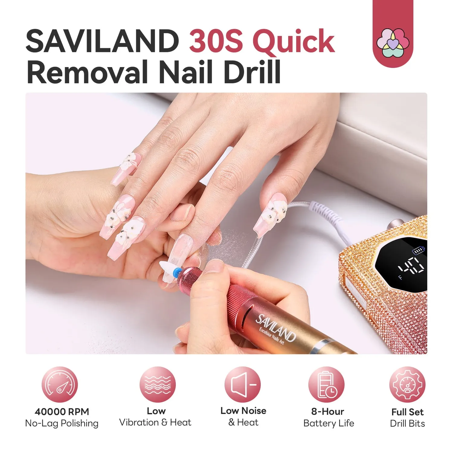Saviland Fresa Unghie 40000 RPM Ricaricabile Rosa Nero Kit 38pz