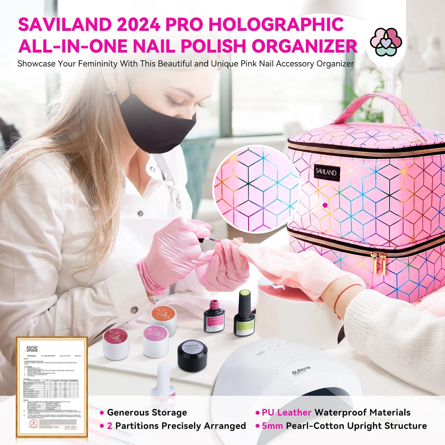 Saviland Organizer Borsa Smalti 30 Flaconi Rosa Olografico Impermeabile