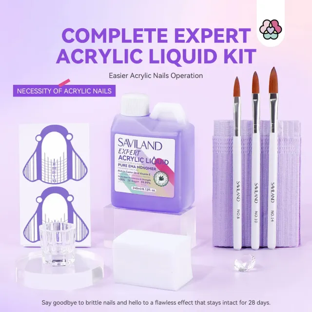 Saviland EMA Liquido Acrilico Unghie 240ml Kit Pennelli e Forme