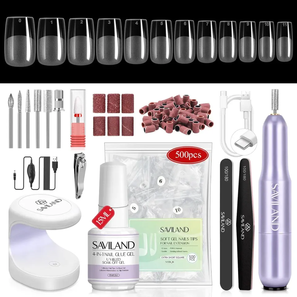 Saviland kit unghie gel quadrate corte 500 tip + fresa