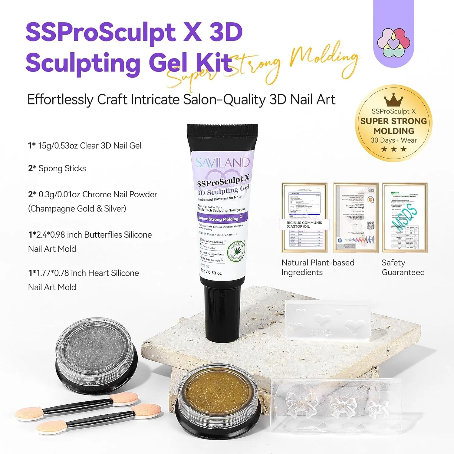 Saviland 3D Gel Unghie Kit Sculpting Chrome oro