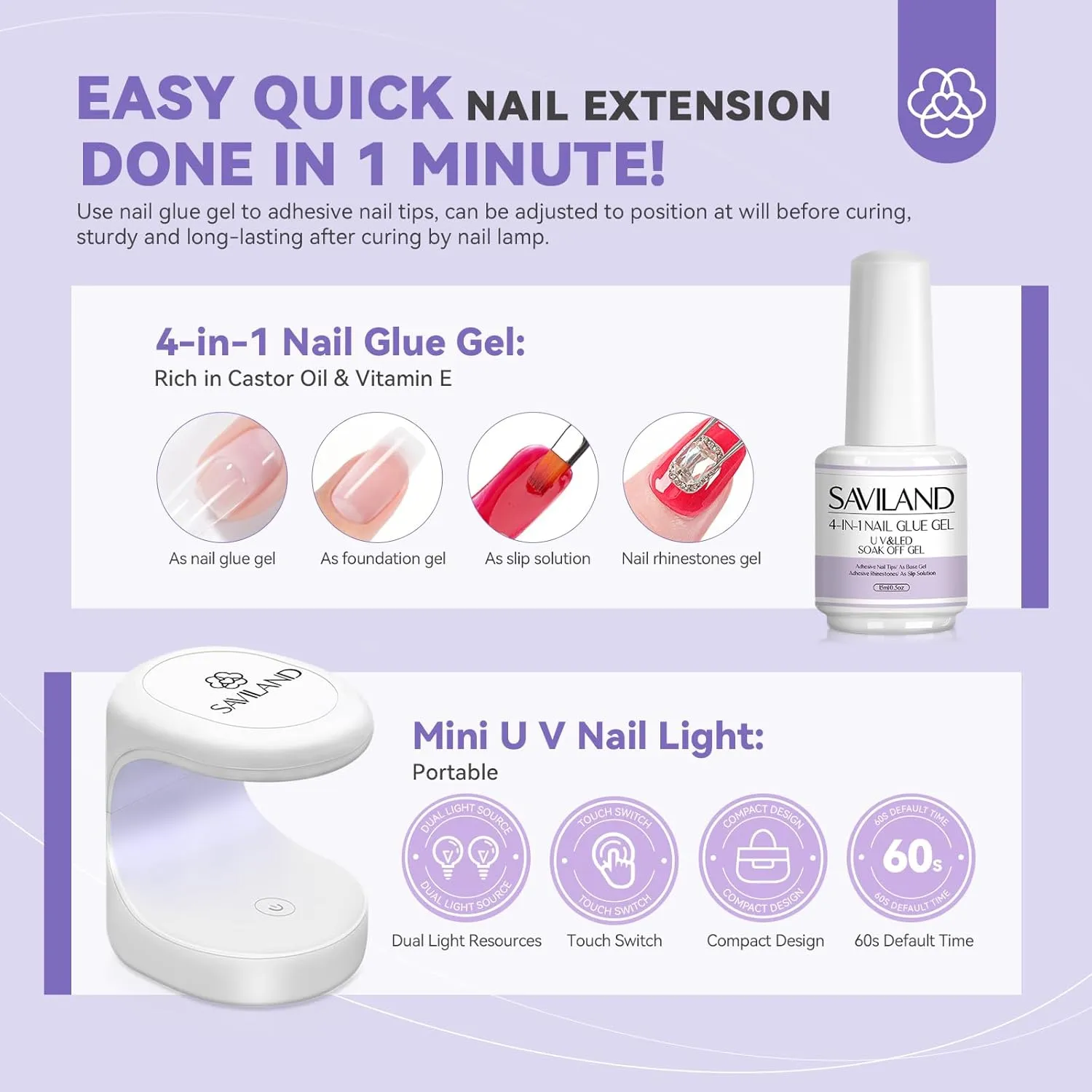 Saviland Kit Gel Unghie Lampada + 500 Tip Coffin Corte nude