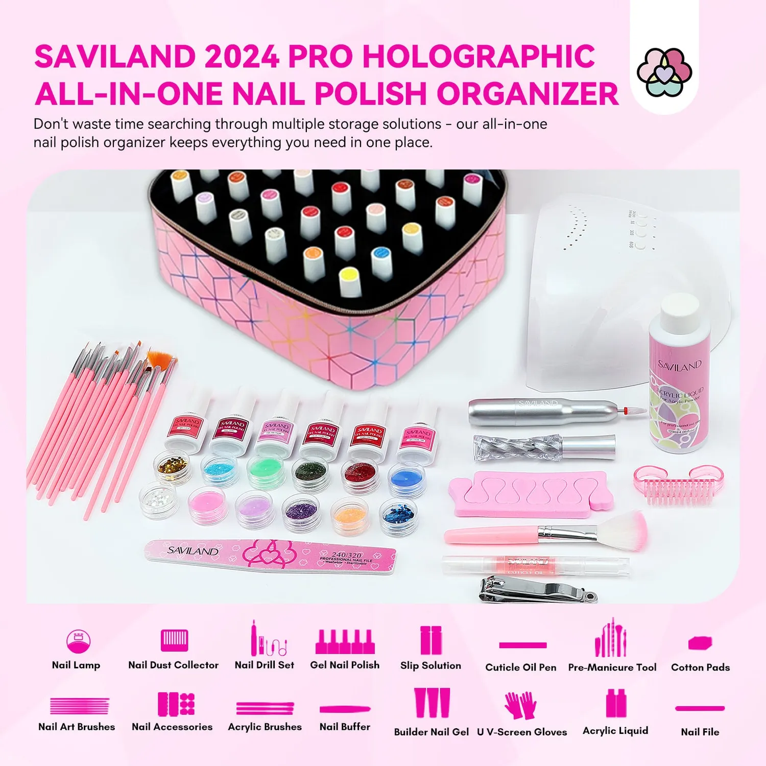 Saviland Organizer Borsa Smalti 30 Flaconi Rosa Olografico Impermeabile