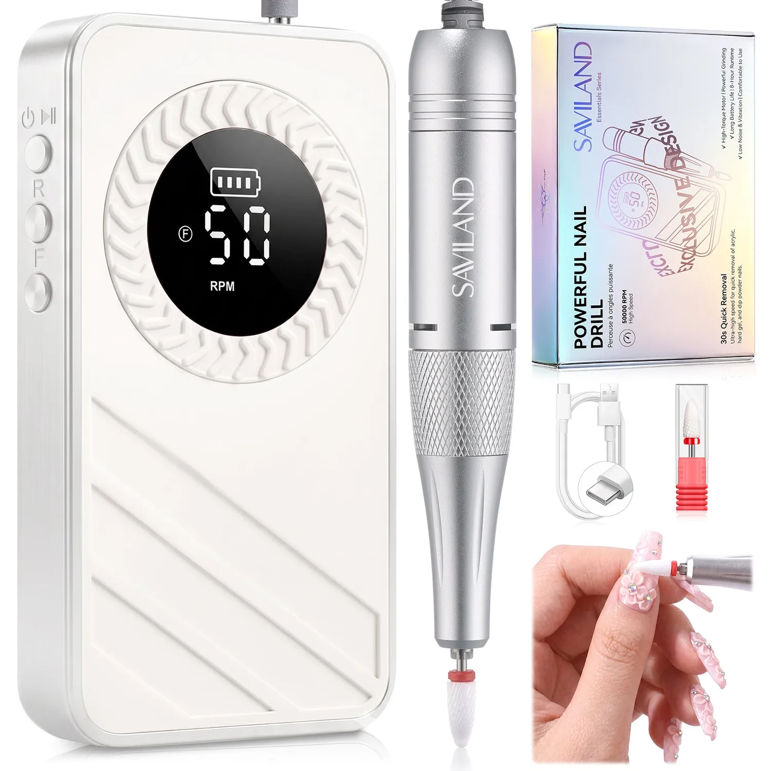 Saviland Fresa Unghie 50000 RPM Rosa Cordless Silenziosa