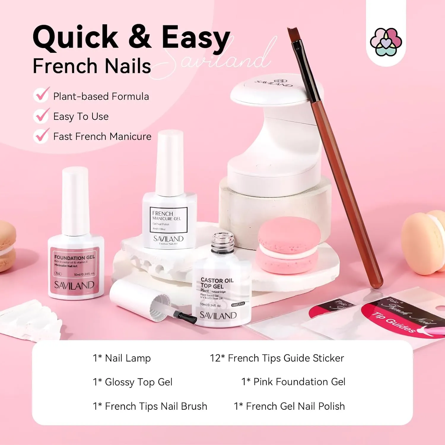 Saviland Kit French Manicure Smalto Gel con Lampada e Sticker