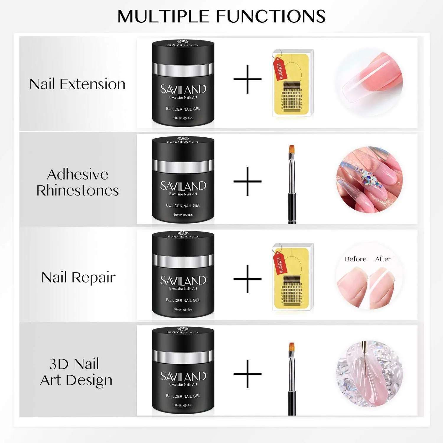 Saviland Builder Gel Kit Trasparente 30ml Allungamento Resistente