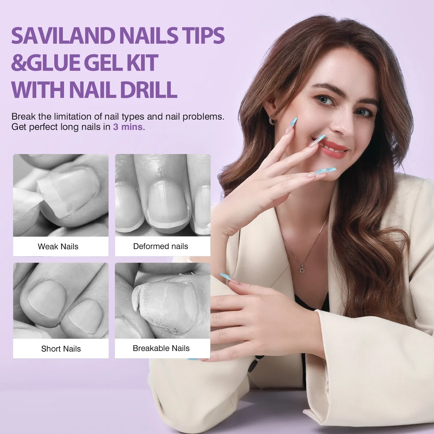 Saviland Kit Gel Unghie con Fresa Lampada e Tip Coffin 500pz