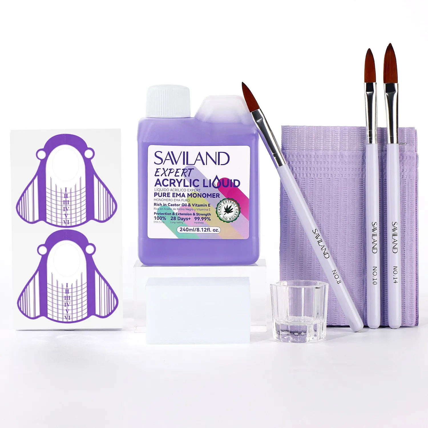 Saviland EMA Liquido Acrilico Unghie 240ml Kit Pennelli e Forme