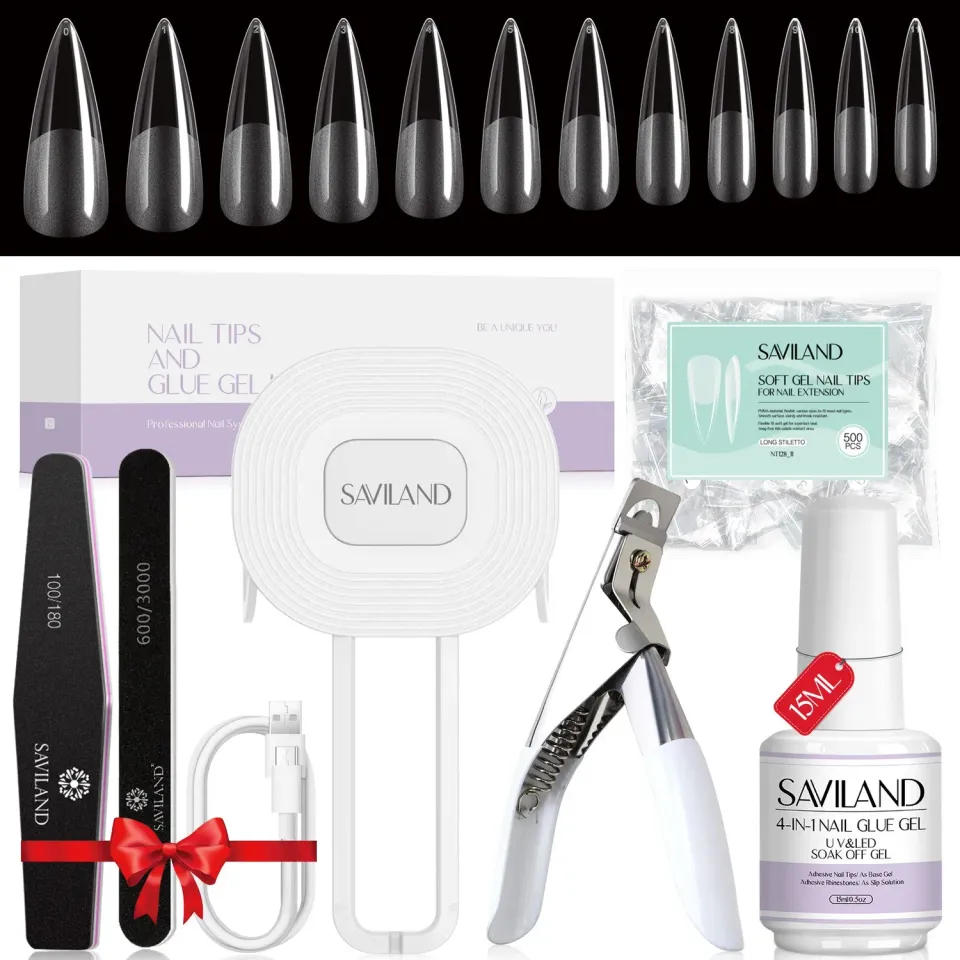 Saviland Kit Unghie Gel con Lampada 500 Tip Stiletto