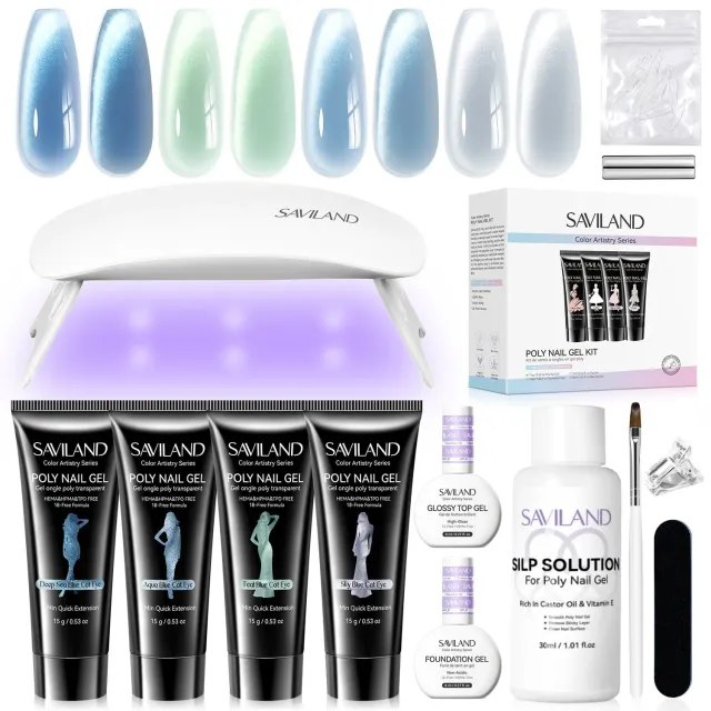 Saviland Cat Eye kit polygel blu 4 colori con lampada UV