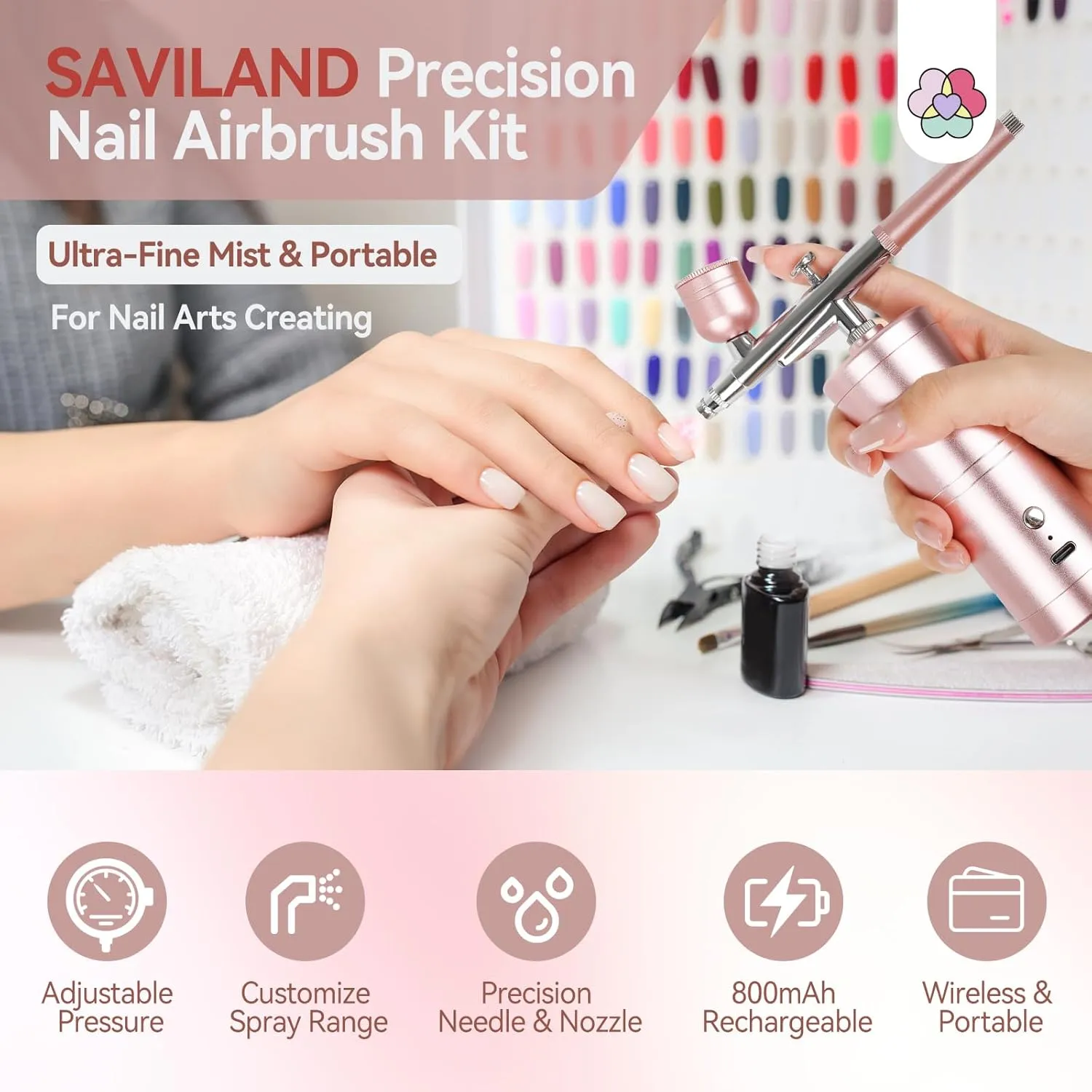 Saviland Kit aerografo unghie rosa cordless ugello 0,3mm