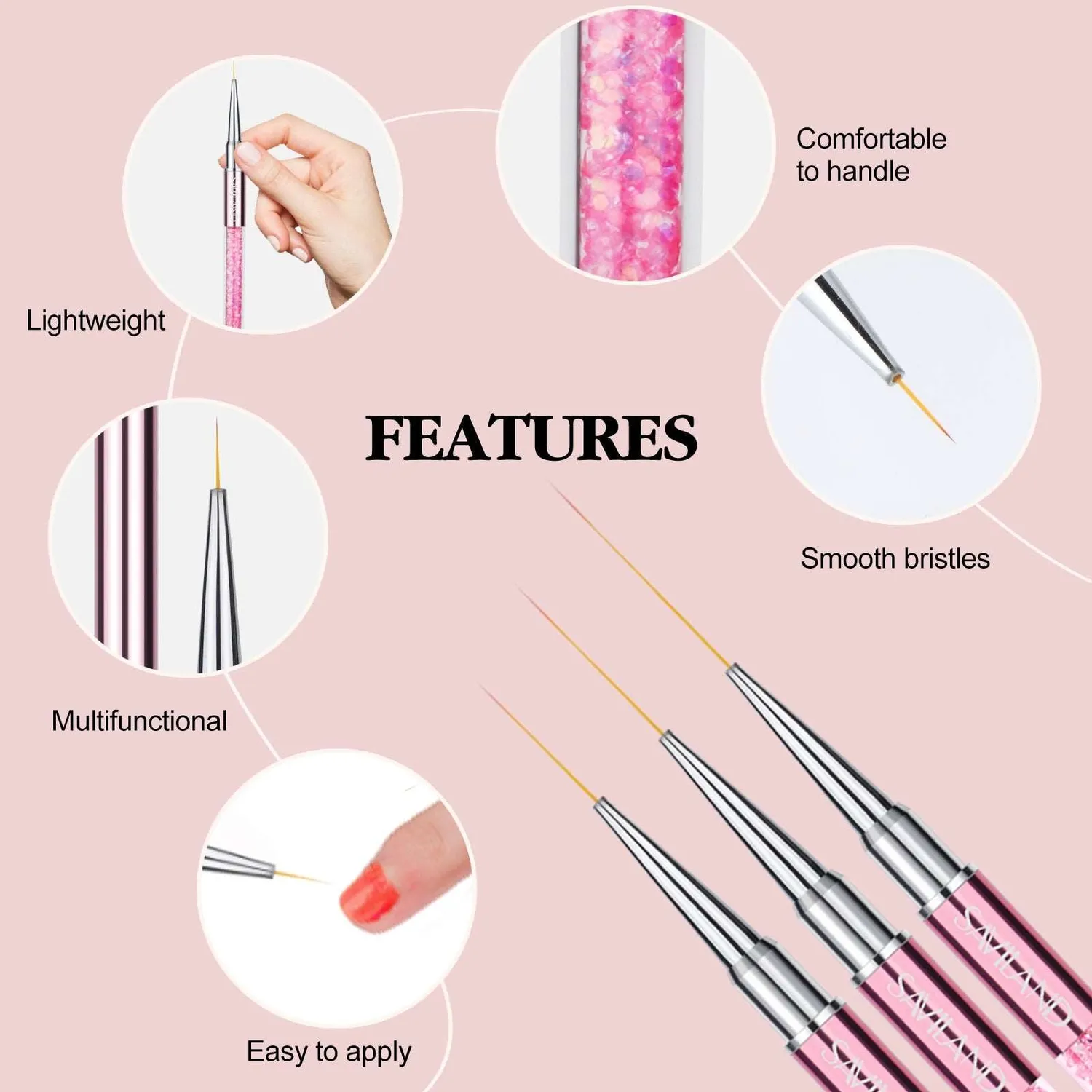 Saviland Set 6 Pennelli Nail Art Liner Rosa applicazione precisa
