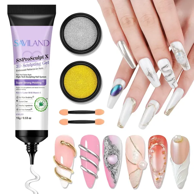 Saviland Kit Gel 3D Unghie Trasparente con Polveri Chrome