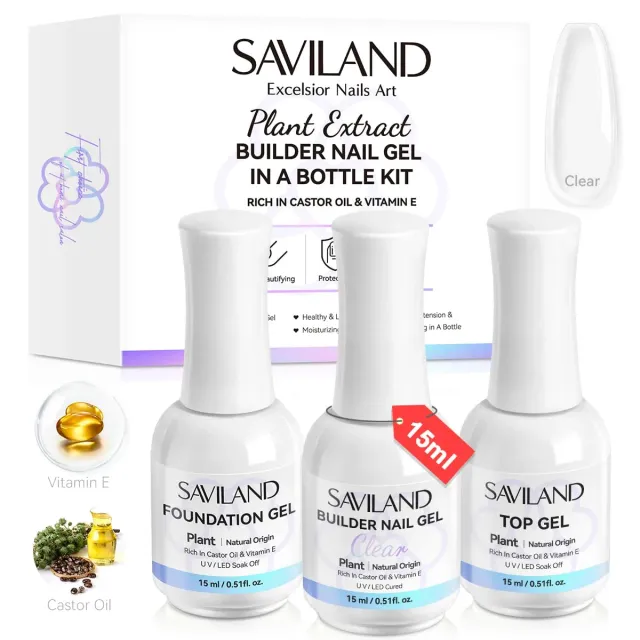 Saviland Builder Gel Unghie Trasparente Kit 3pz Base e Top