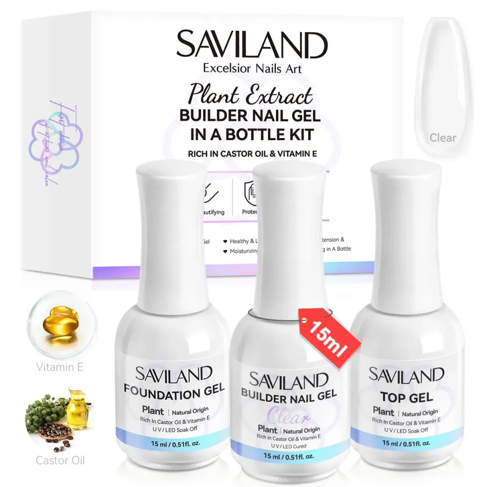 Saviland Builder Gel Unghie Trasparente Kit 3pz Base e Top