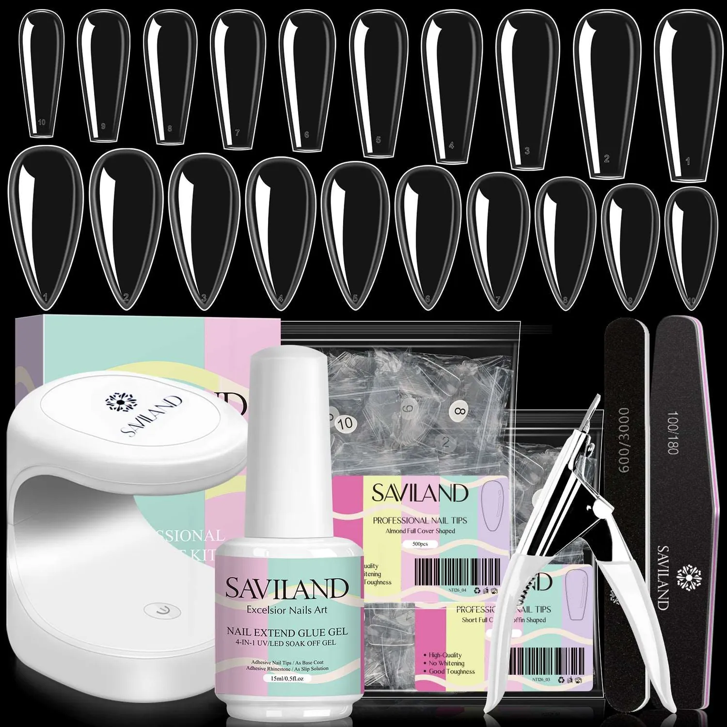 Saviland Gel Kit Unghie con 500 Tip Trasparenti e Lampada