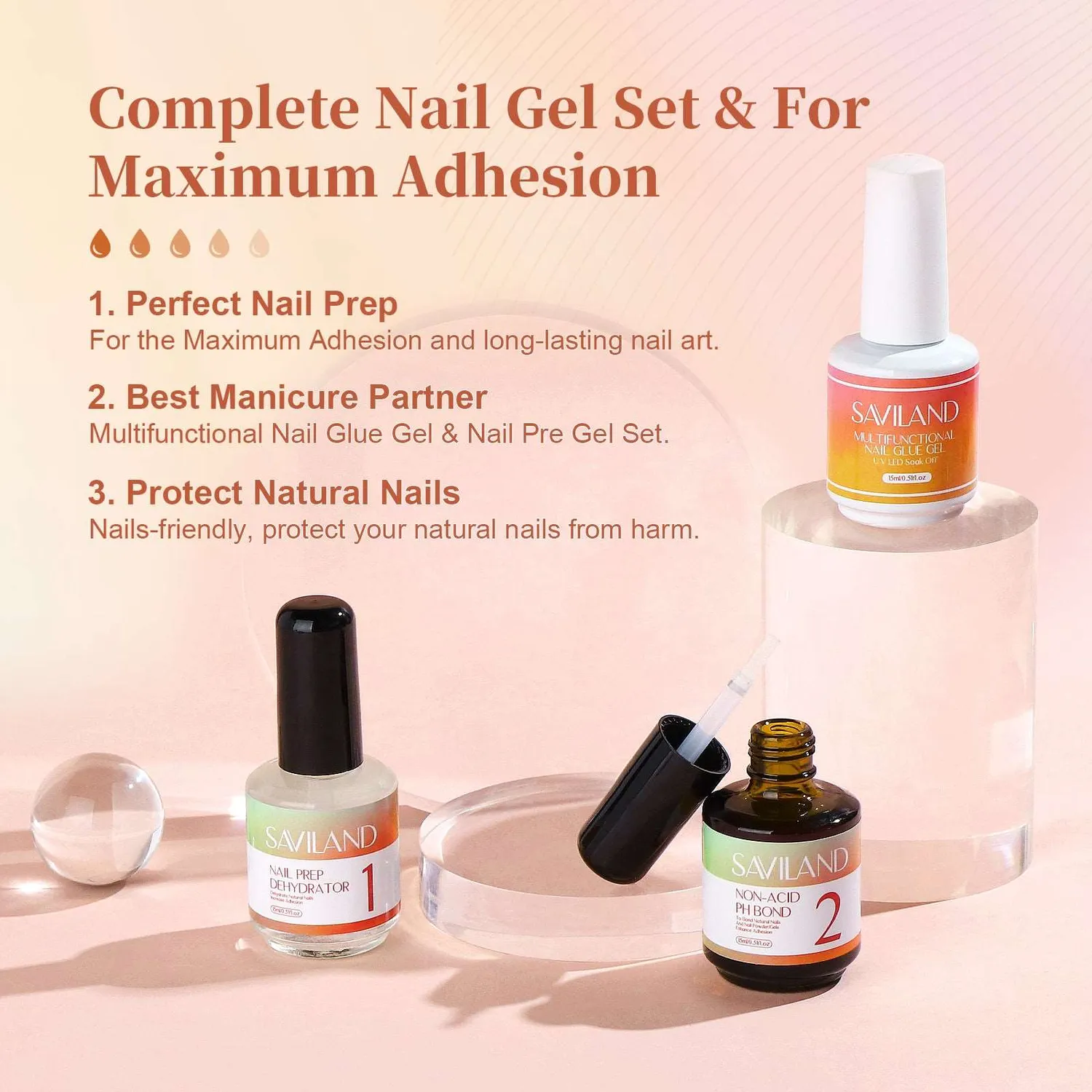 Saviland kit dehydrator primer colla gel 15 ml preparazione unghie