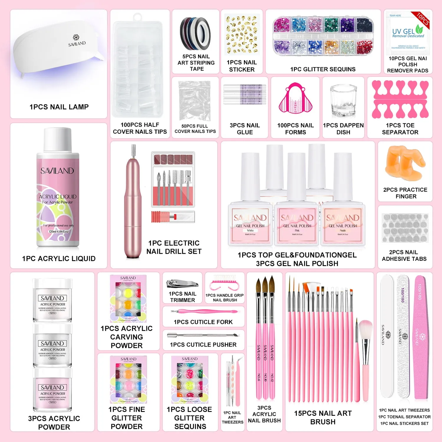 Saviland Kit Unghie Acrilico Completo con Fresa e Smalti