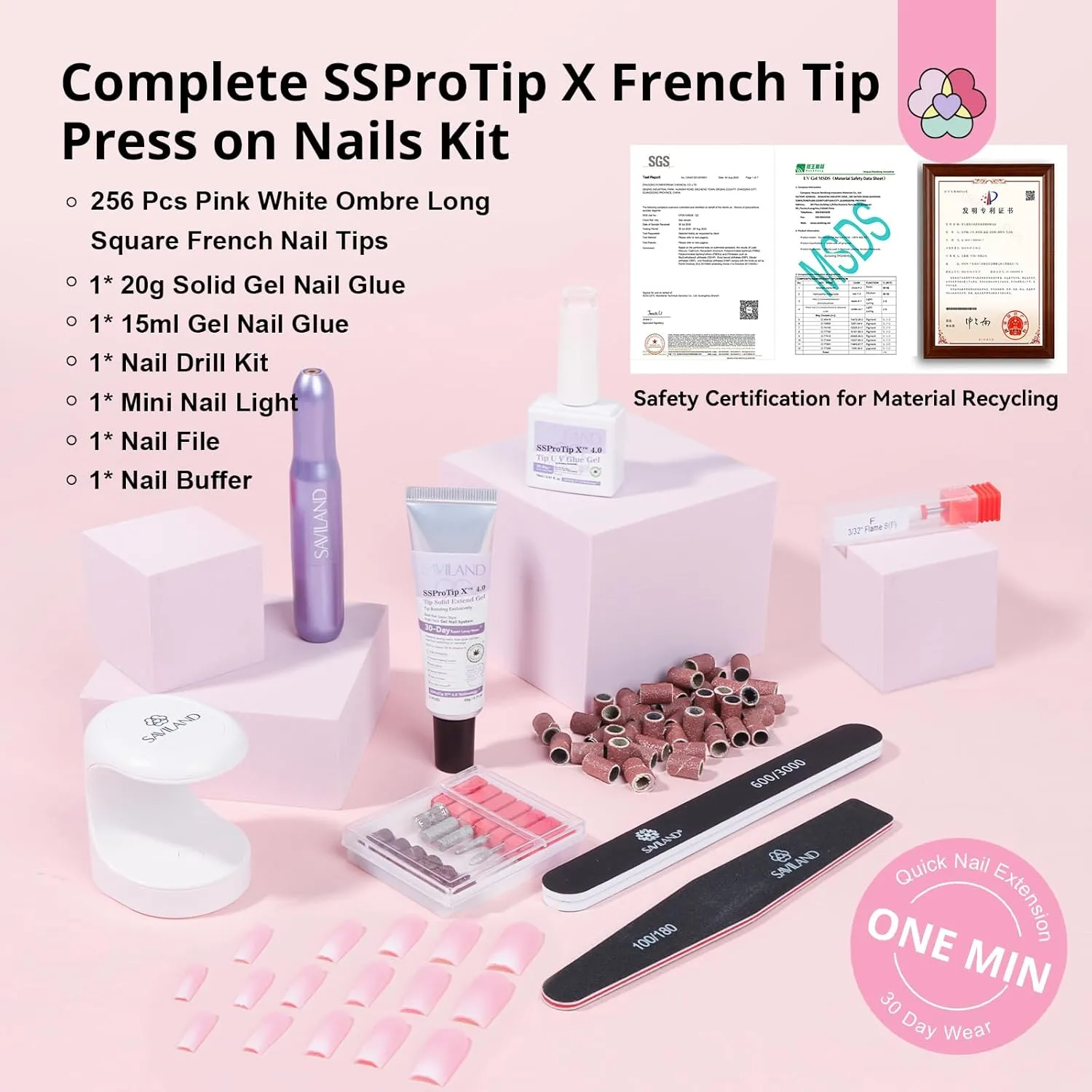 Saviland SSProTip French Ombre kit unghie press on rosa 256 pezzi