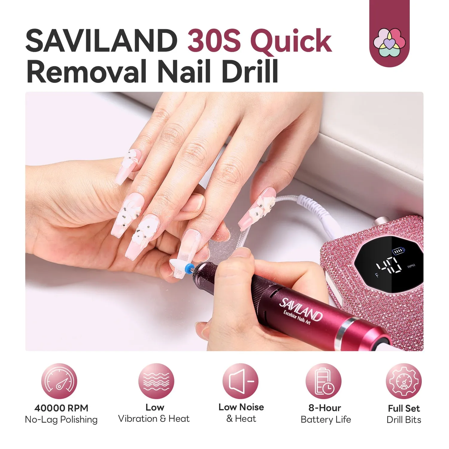 Saviland 40000RPM fresa unghie elettrica nero-rosa rimozione 30 secondi