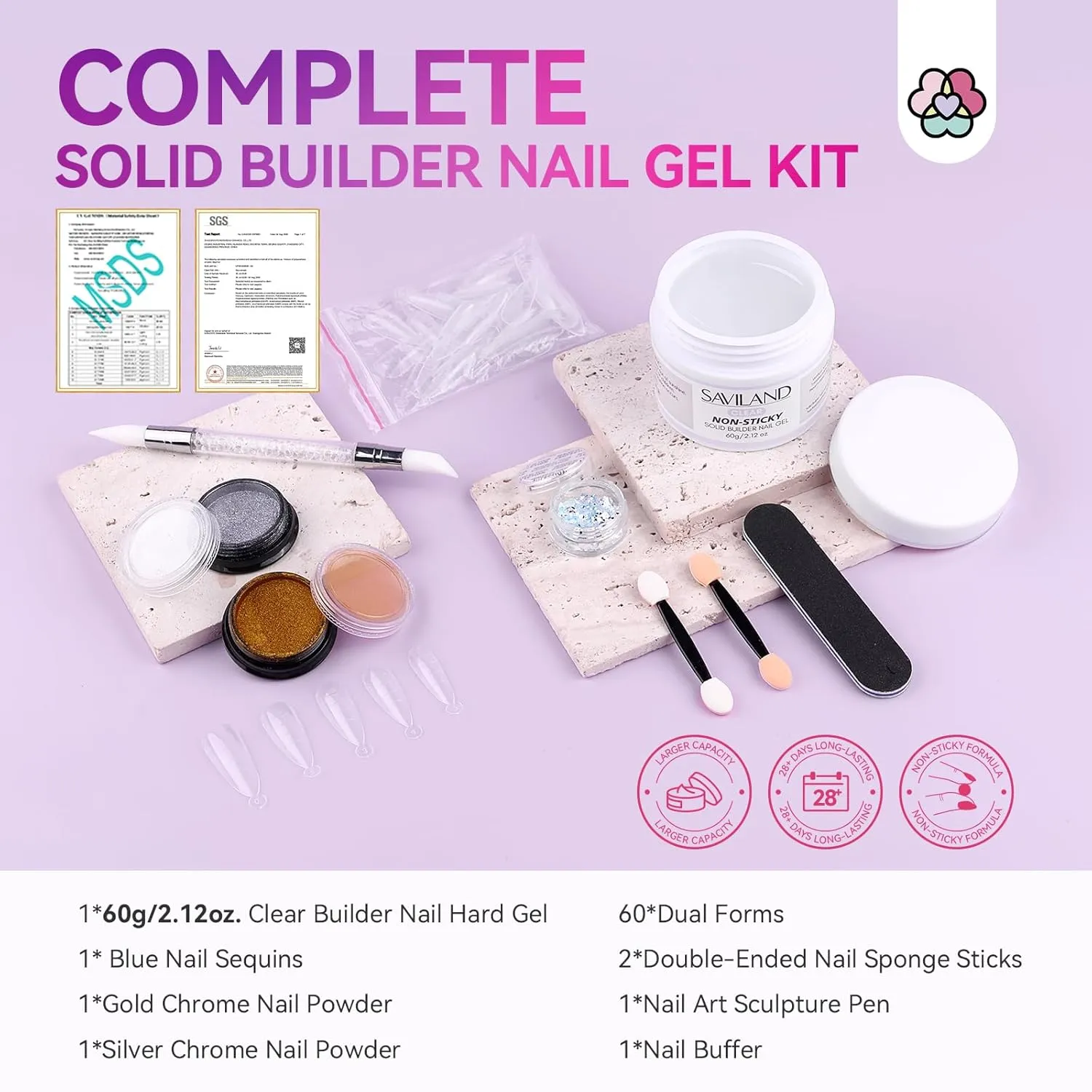 Saviland Builder Gel Solido Trasparente 60g Kit con Cromati