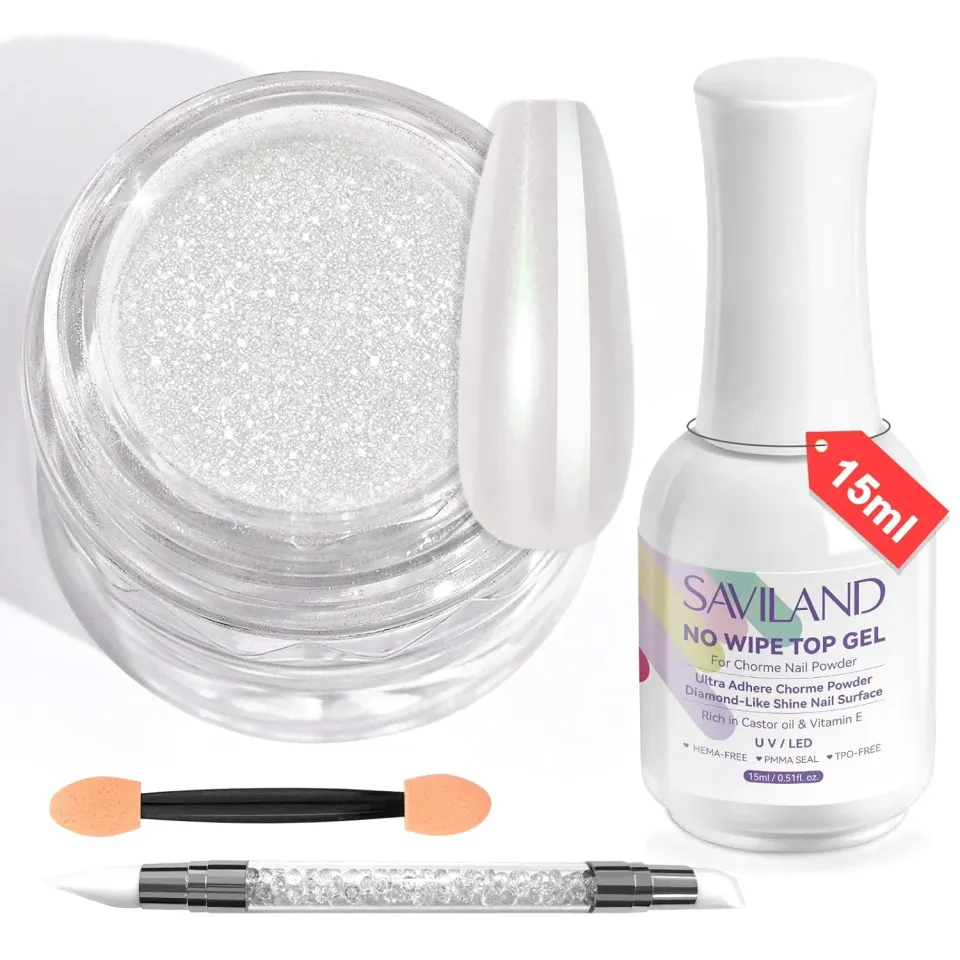 Saviland Kit Polvere Chrome Unghie Bianco Perla 1g
