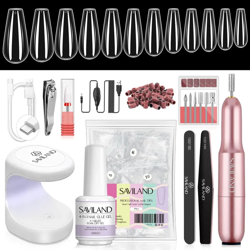 Saviland Kit Gel Unghie Lampada + 500 Tip Coffin Corte nude