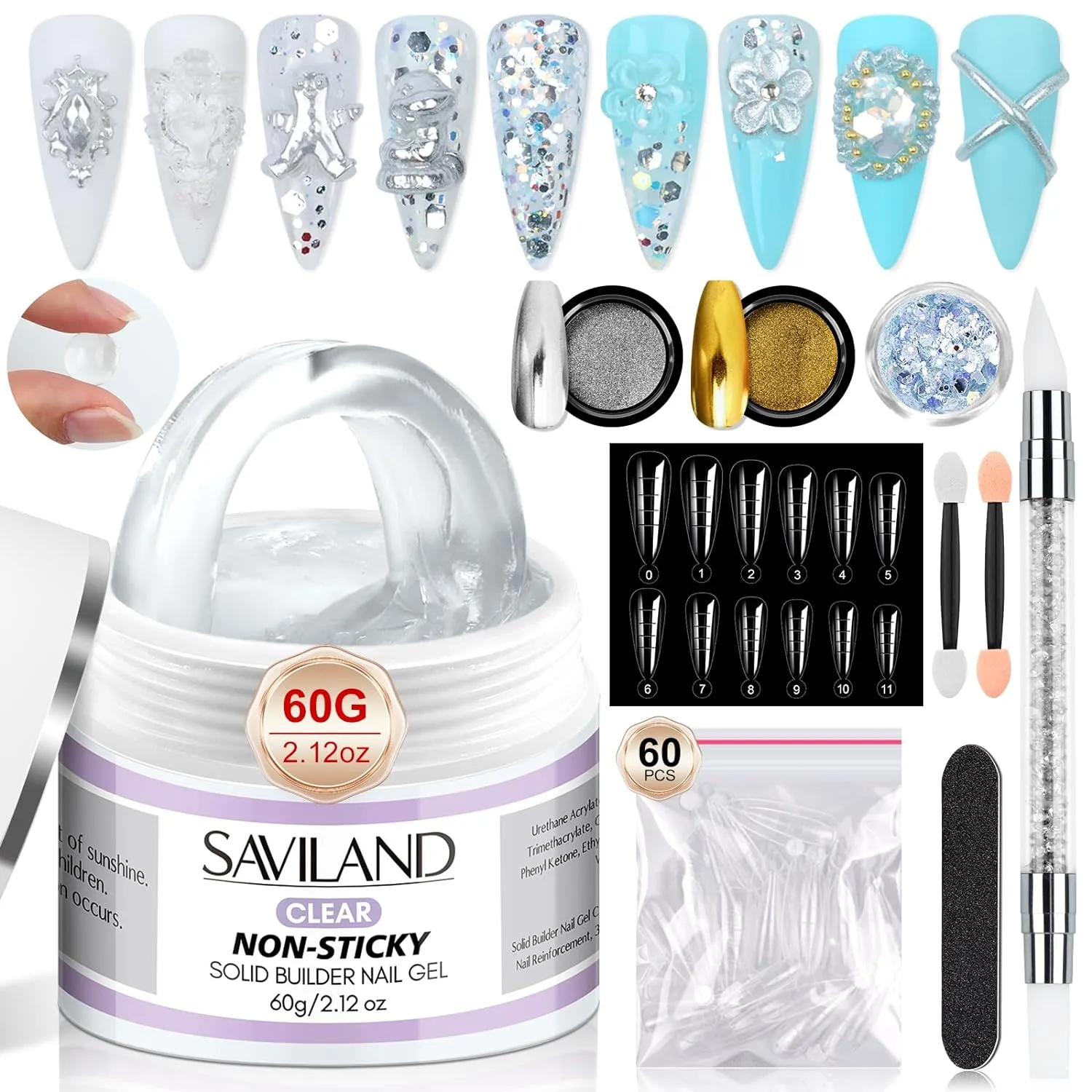 Saviland Builder Gel Solido Trasparente 60g Kit con Cromati