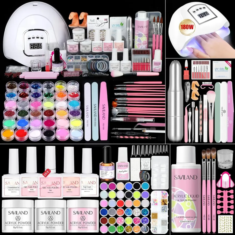 Saviland Kit Unghie Acrilico con Lampada e Fresa completo