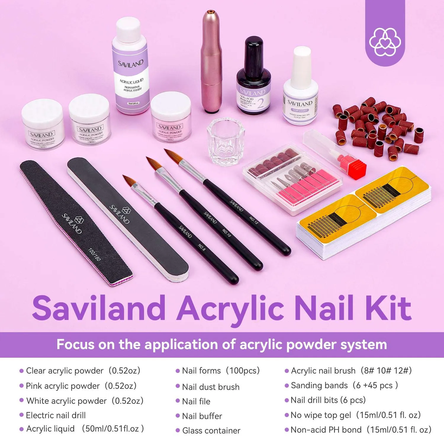 Saviland Acrylic kit ricostruzione unghie con fresa completo