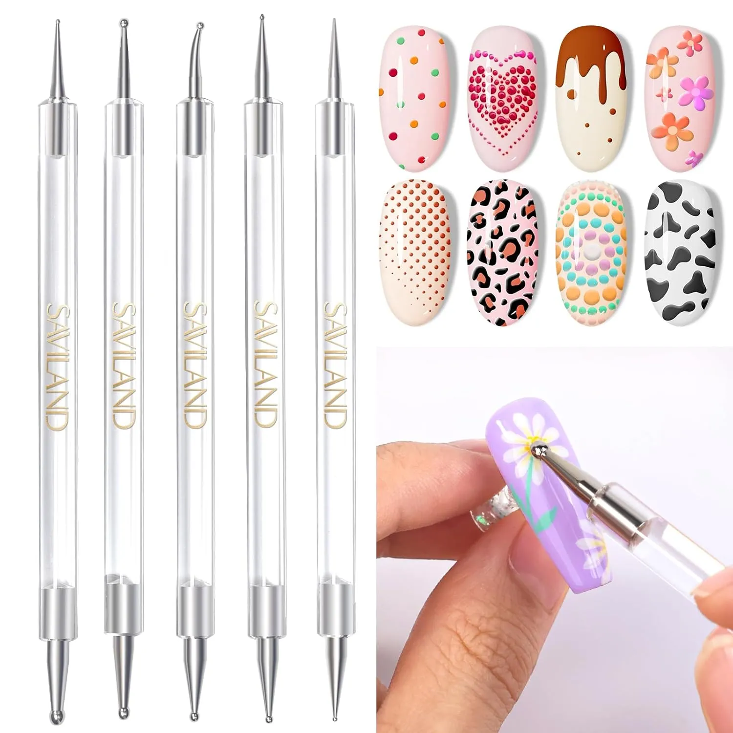 Saviland Dotting Tool Nail Art 5 Pezzi Doppia Punta Precisione
