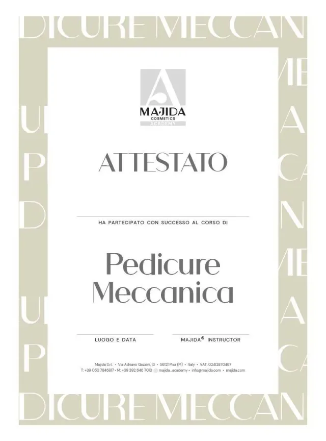 Majida Cosmetics Attestato Pedicure Meccanica certificato corso