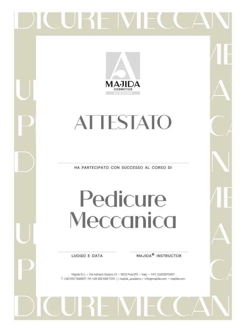 Majida Cosmetics Attestato Pedicure Meccanica certificato corso