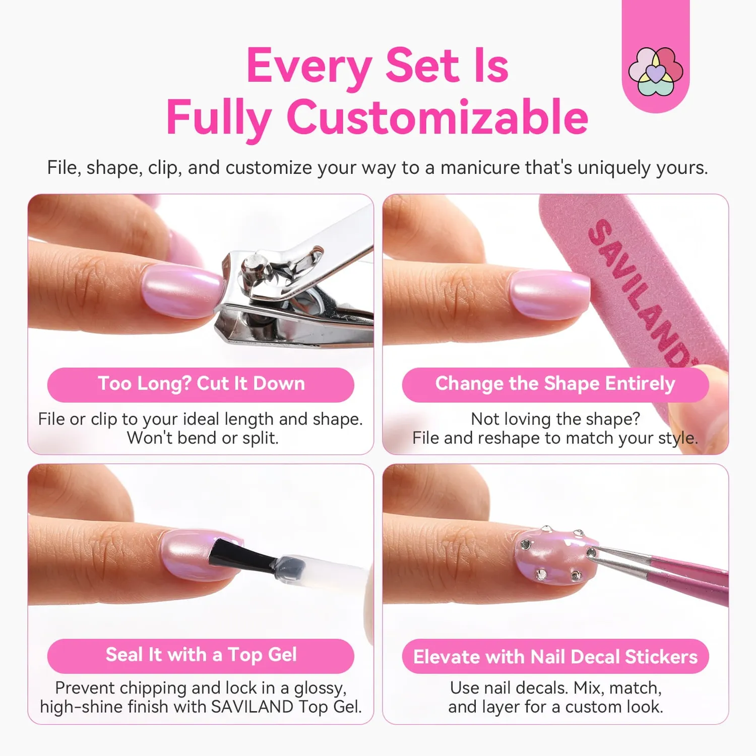 Saviland Cat Eye unghie finte mandorla extra corta rosa 32 pz