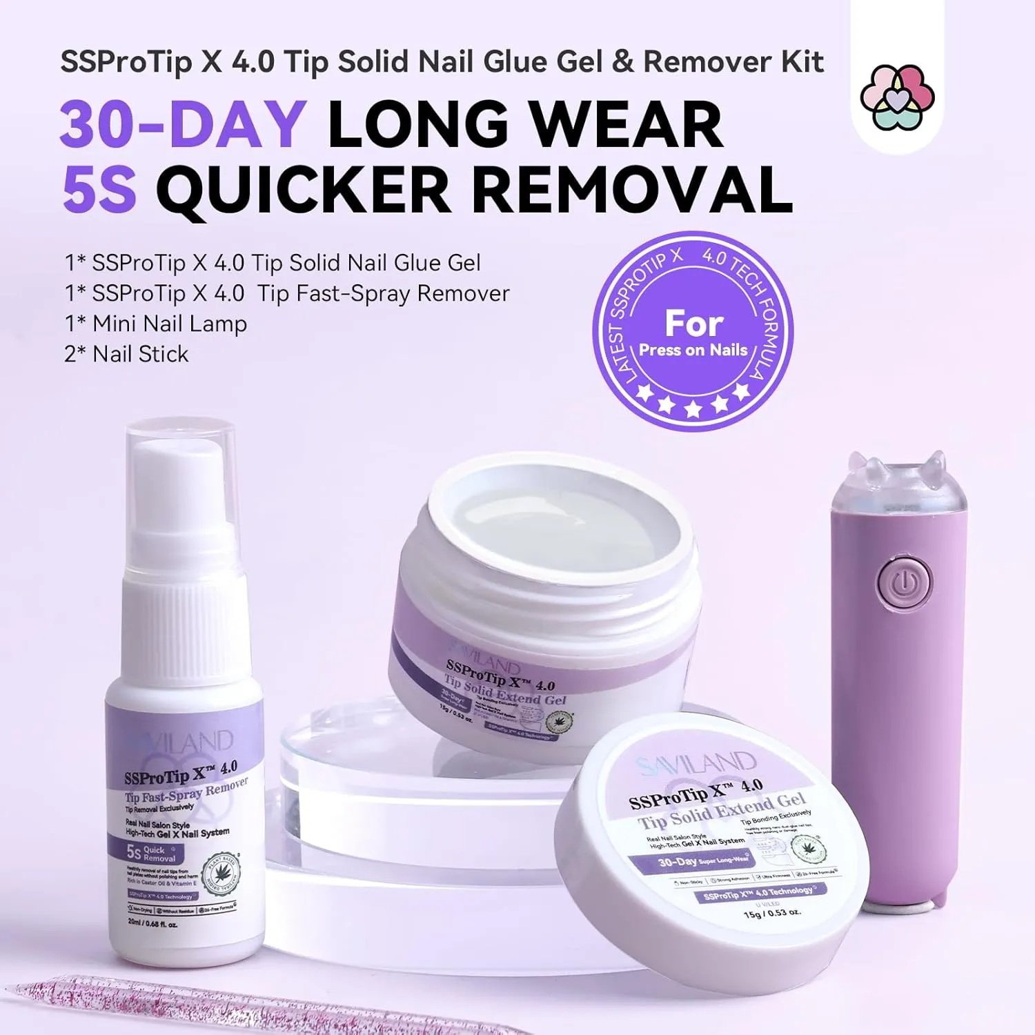 Saviland Solid Kit Colla Gel Unghie + Remover con mini lampada