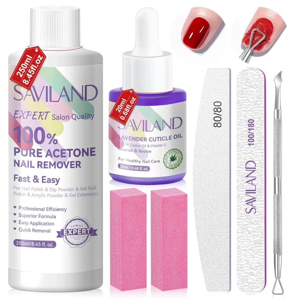Saviland Kit Remover Unghie Acetone 250ml con Olio Cuticole