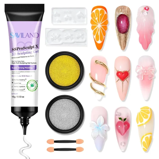 Saviland 3D Gel Unghie Kit Sculpting Chrome oro