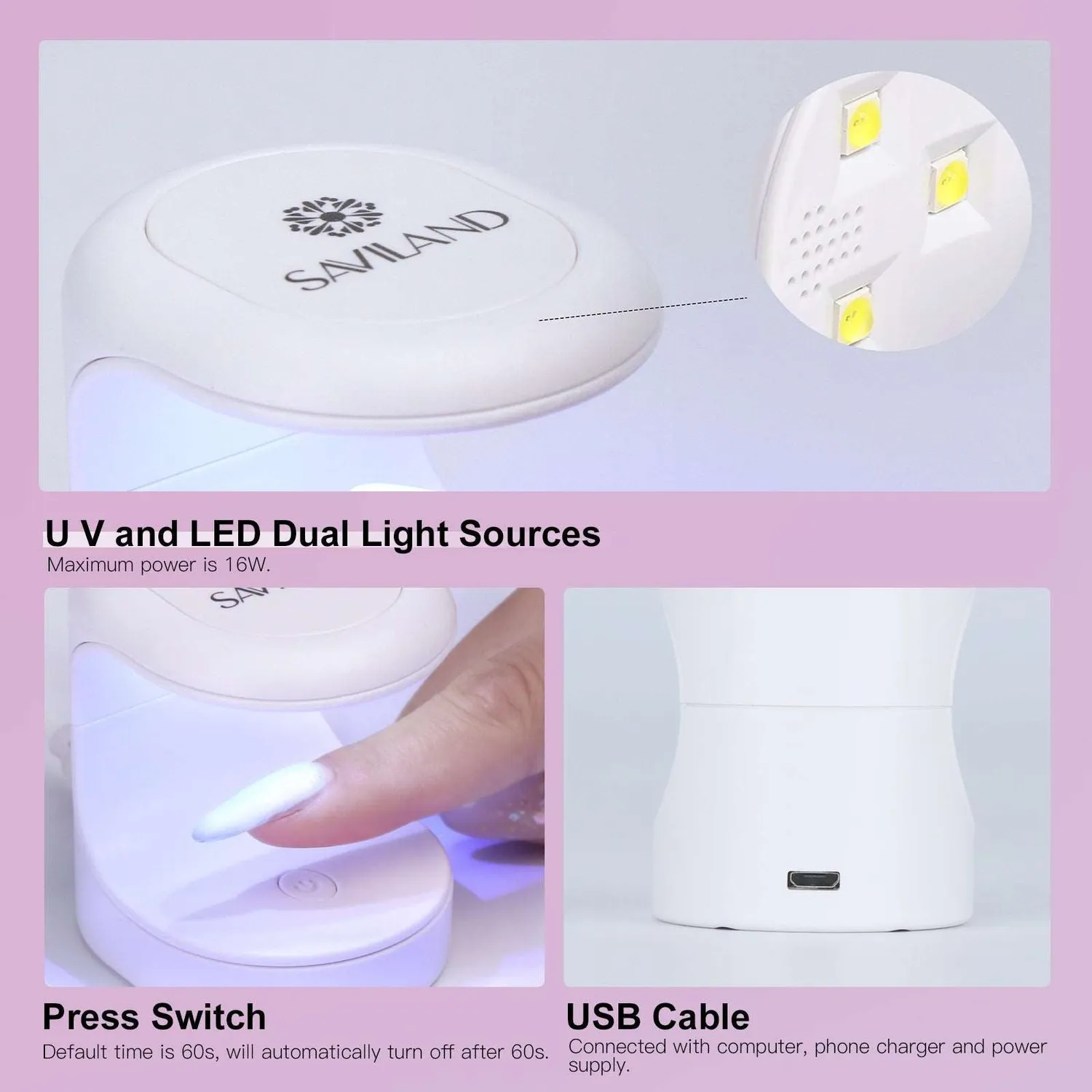 Saviland Mini lampada UV LED unghie un dito 16W apertura 180°