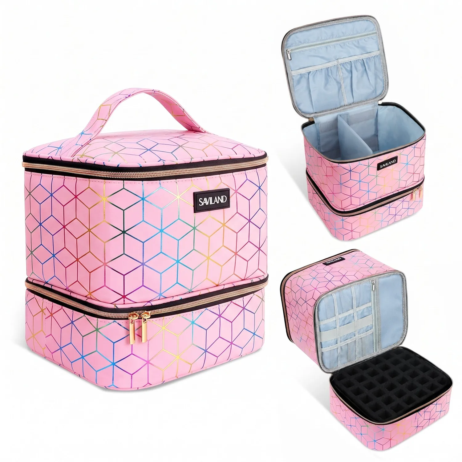 Saviland Organizer Borsa Smalti 30 Flaconi Rosa Olografico Impermeabile