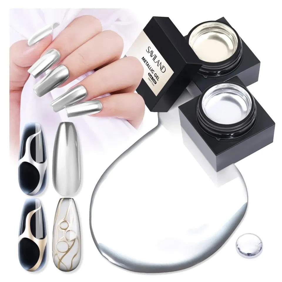 Saviland Smalto Gel Cromo Oro Argento Set 2x5g Metallizzato
